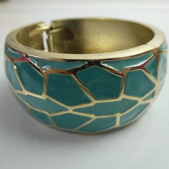 Teal Gold Tone Snakeskin Animal Print Hinged Wide Chunky Bangle Bracelet - Picture 4 of 6